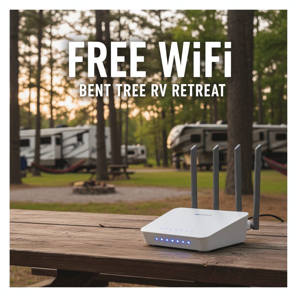 WiFi router with strong signal lights in a wooded RV park setting