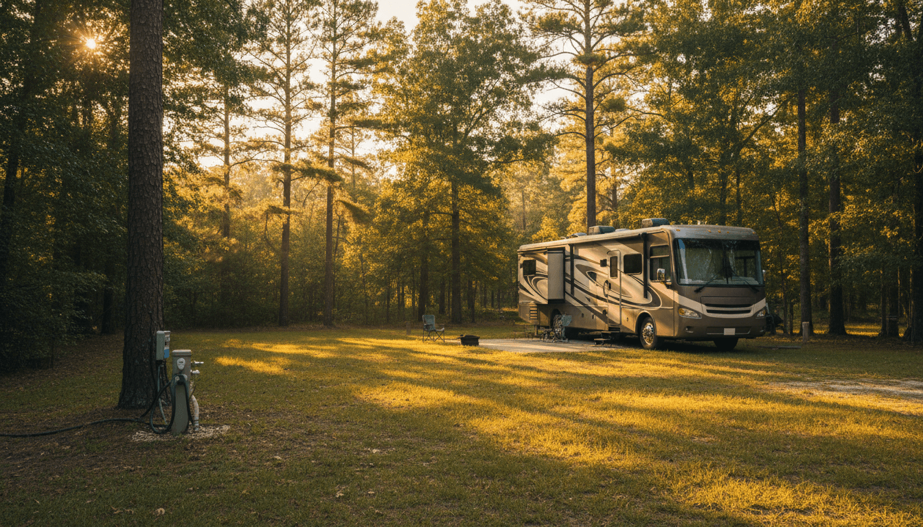 RV parked in a private wooded lot with full hookups at Bent Tree RV Retreat in Lindale, Texas